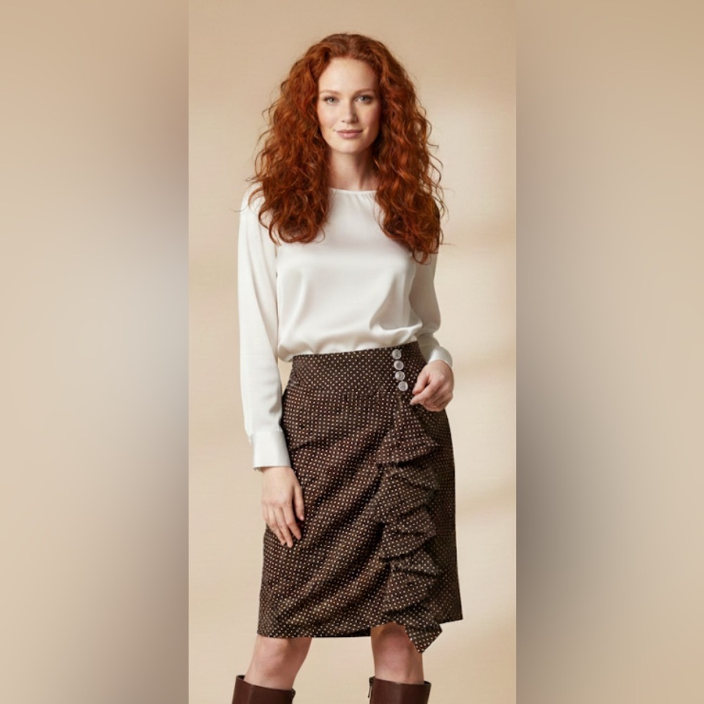 EVA FRANCO Asymmetrical Brown Polka Dot Ruffled Pencil Fully Lined Skirt 8/M